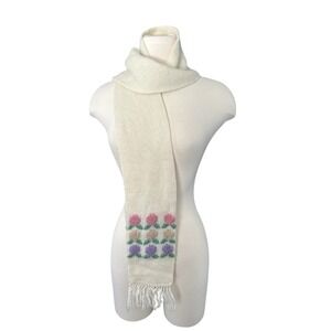 Hansen Vintage Embroidered Knit Scarf Fringe Cottagecore Ivory Boho Cozy Grandma